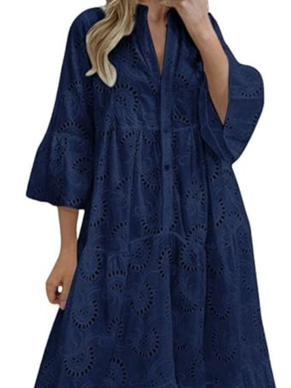 Women's 2026 Lace Eyelet Embroidery Maxi Dress V-Neck Trumpet Sleeve Boho Flowy